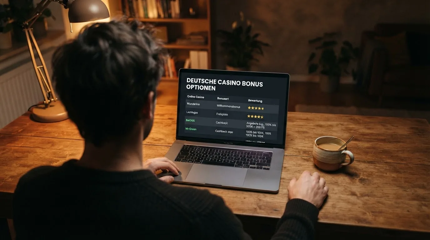 Person am Laptop liest eine Übersichtsseite zu Glücksspielen im Internet — 10 euro bonus ohne einzahlung casino