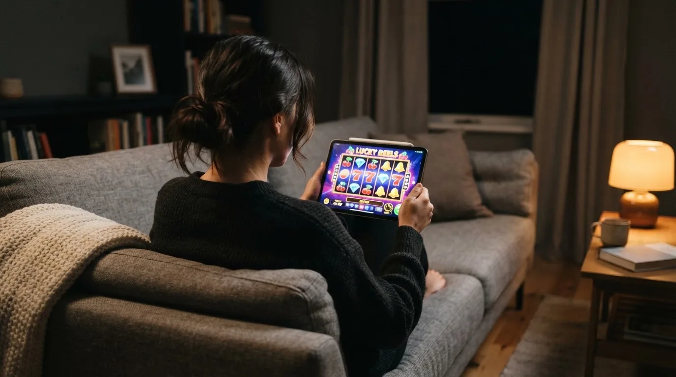 Person sitzt entspannt auf einem Sofa und blickt konzentriert auf ein Tablet in gedämpftem Wohnzimmerlicht am Abend.