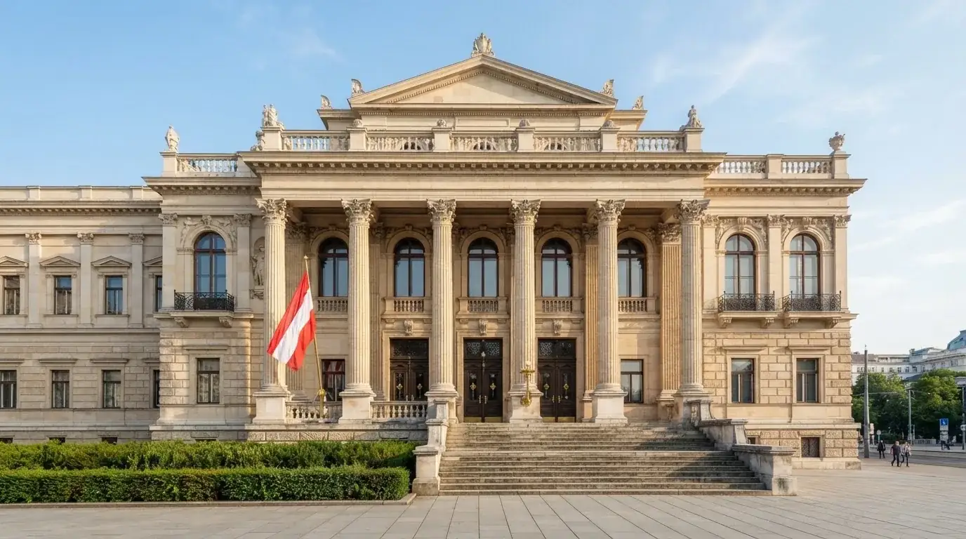 Fassade eines klassizistischen Wiener Amtsgebäudes mit österreichischer Flagge an einem klaren Nachmittag.