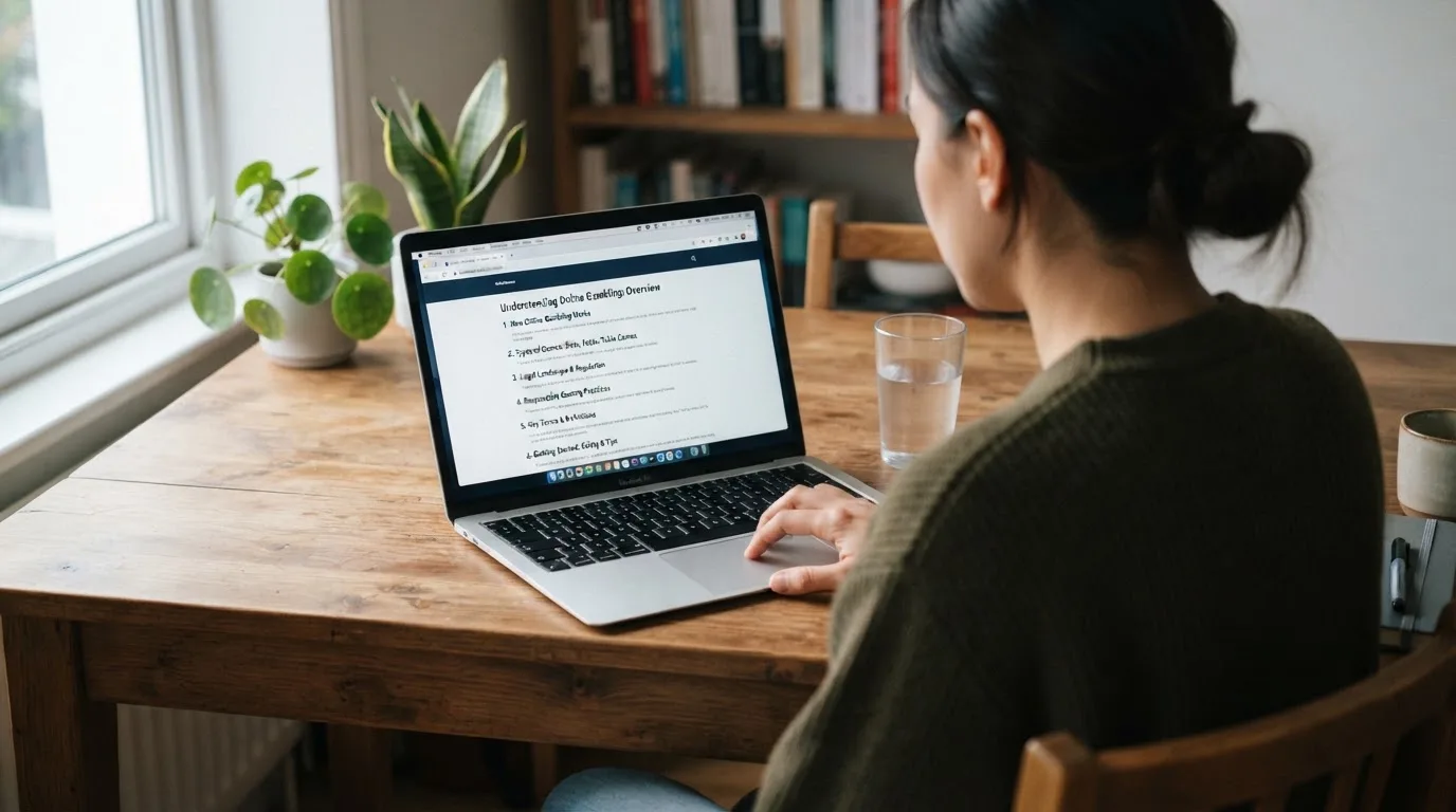 Person am Laptop liest eine Übersichtsseite zu Glücksspielen im Internet — 150 freispiele ohne einzahlung