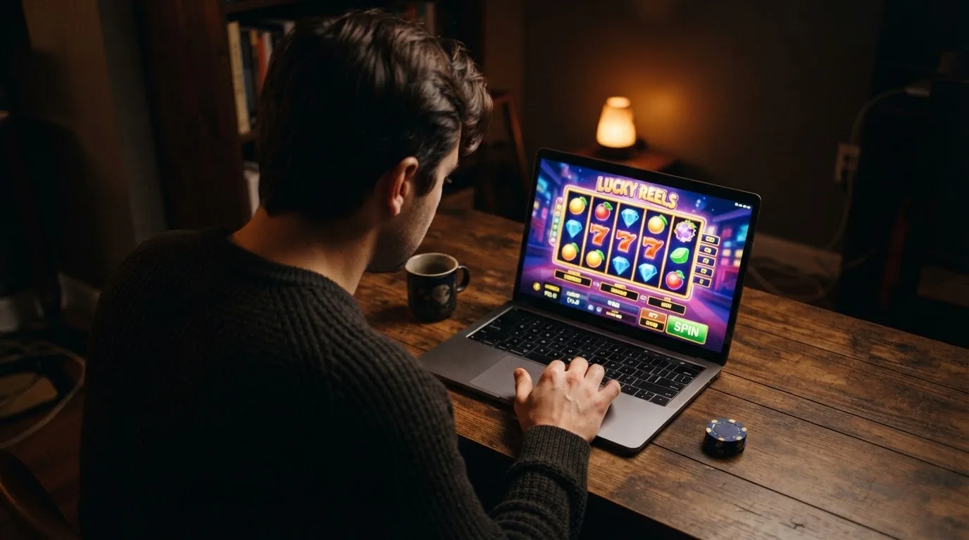 Person am Laptop liest eine Übersichtsseite zu Glücksspielen im Internet — 20 euro bonus ohne einzahlung casino