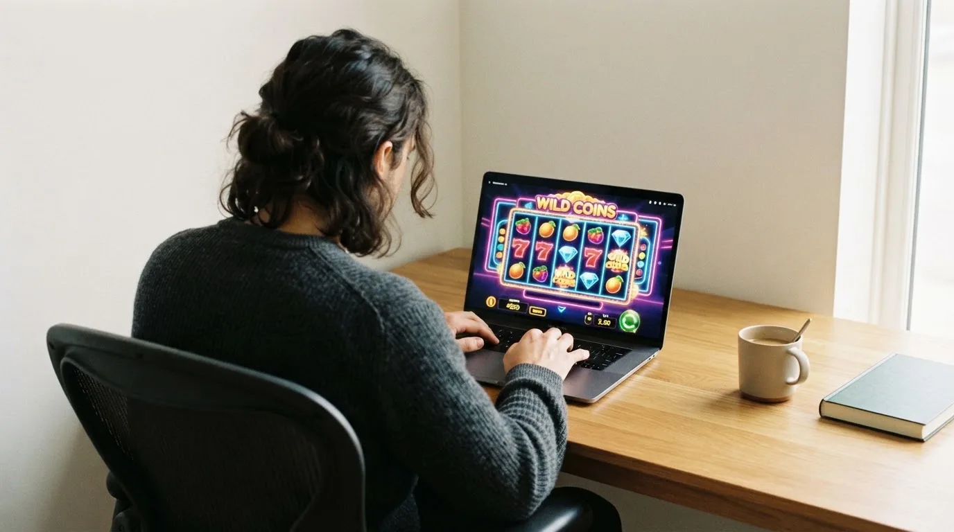 Person am Laptop liest eine Übersichtsseite zu Glücksspielen im Internet — 30 euro bonus ohne einzahlung casino