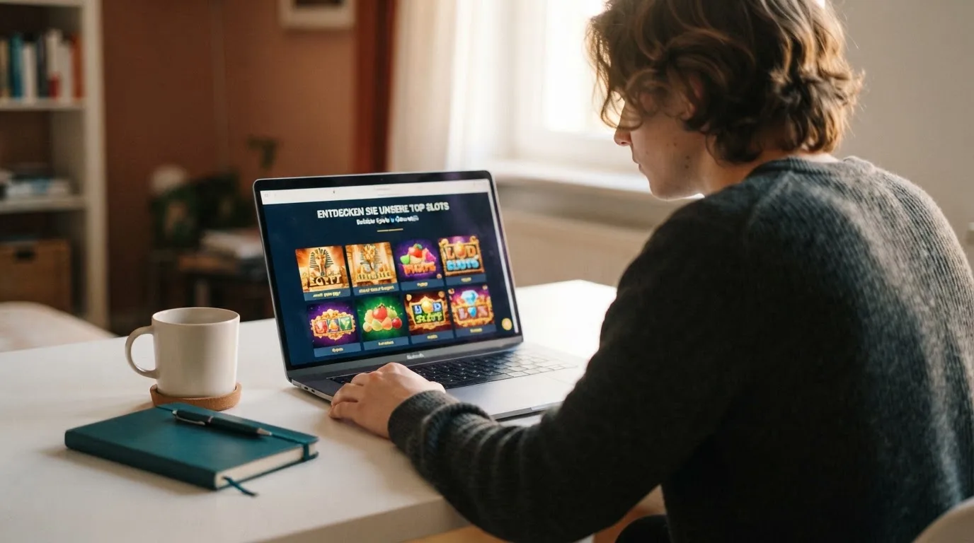 Person am Laptop liest eine Übersichtsseite zu Glücksspielen im Internet — 40 euro bonus ohne einzahlung casino