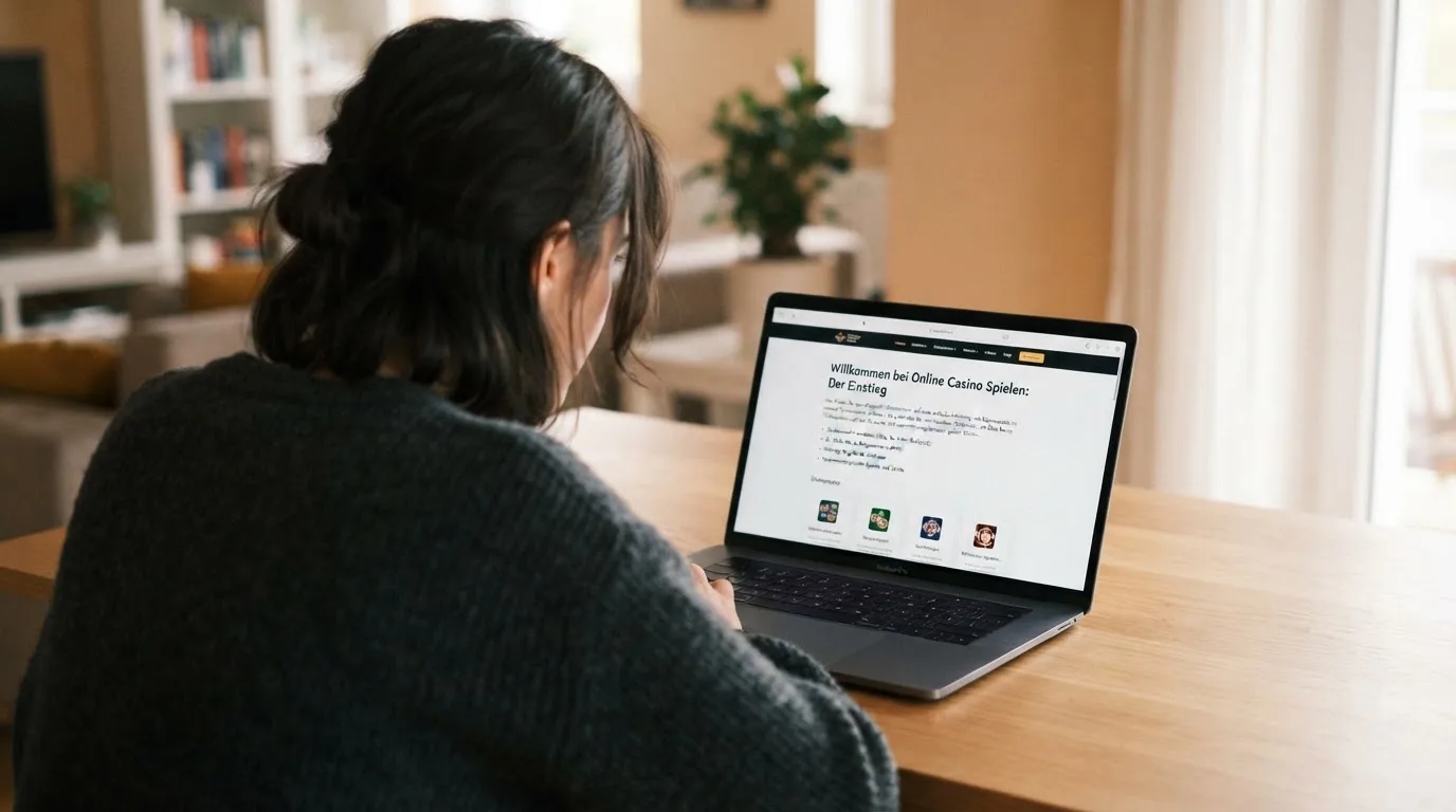 Person am Laptop liest eine Übersichtsseite zu Glücksspielen im Internet — 5 euro bonus ohne einzahlung casino