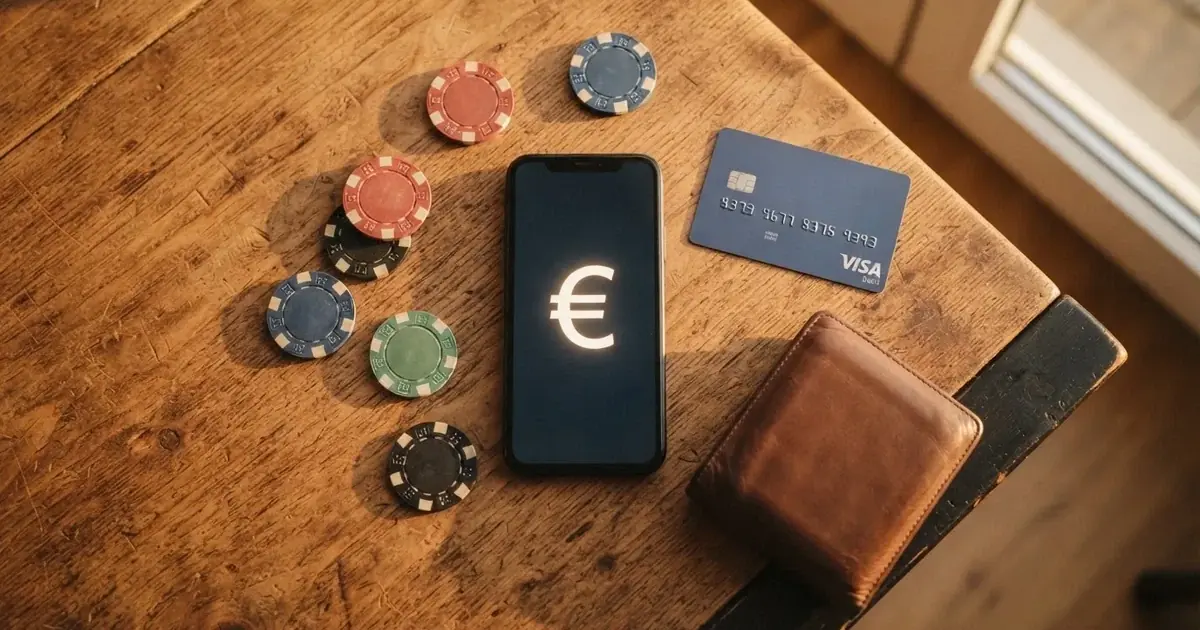 Kartenterminal und Smartphone auf einem Holztisch neben einer Geldbörse — 5 euro bonus ohne einzahlung casino