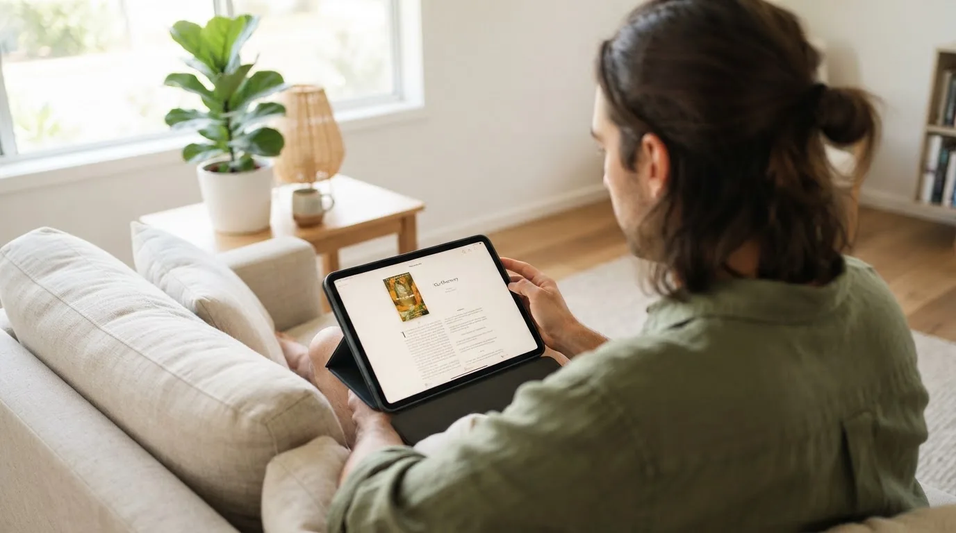Person sitzt entspannt mit einem Tablet auf dem Schoß in einem hellen Wohnzimmer und blickt konzentriert auf den Bildschirm.