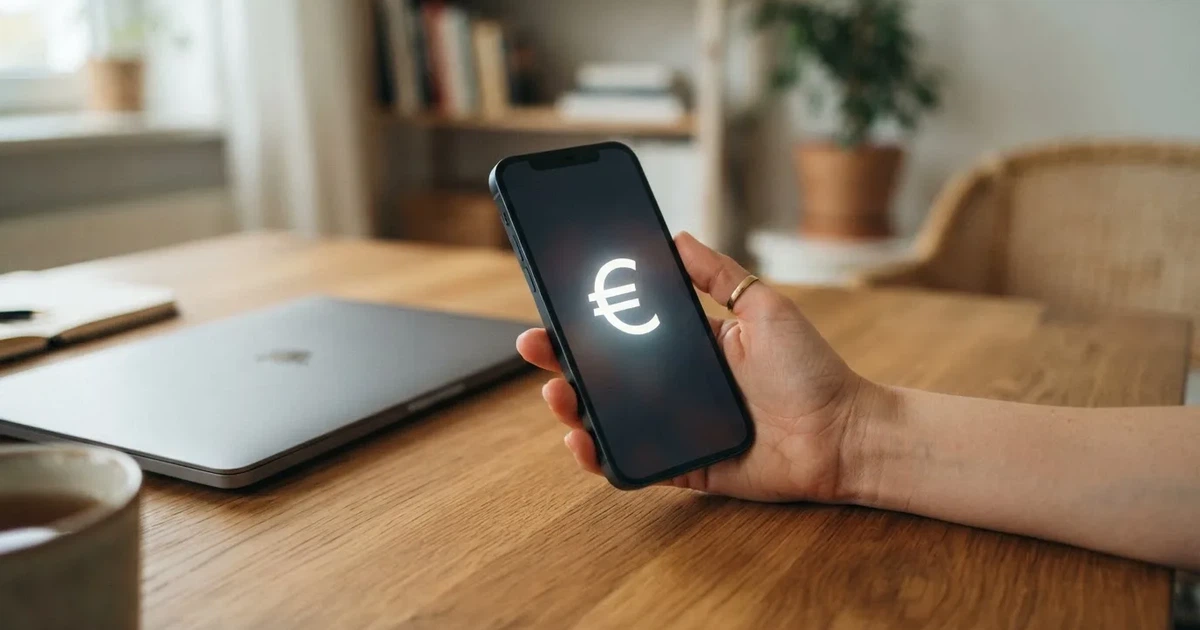Nahaufnahme einer Hand, die eine Bankkarte in ein Kartenlesegerät neben einem Laptop auf einem Holztisch steckt.
