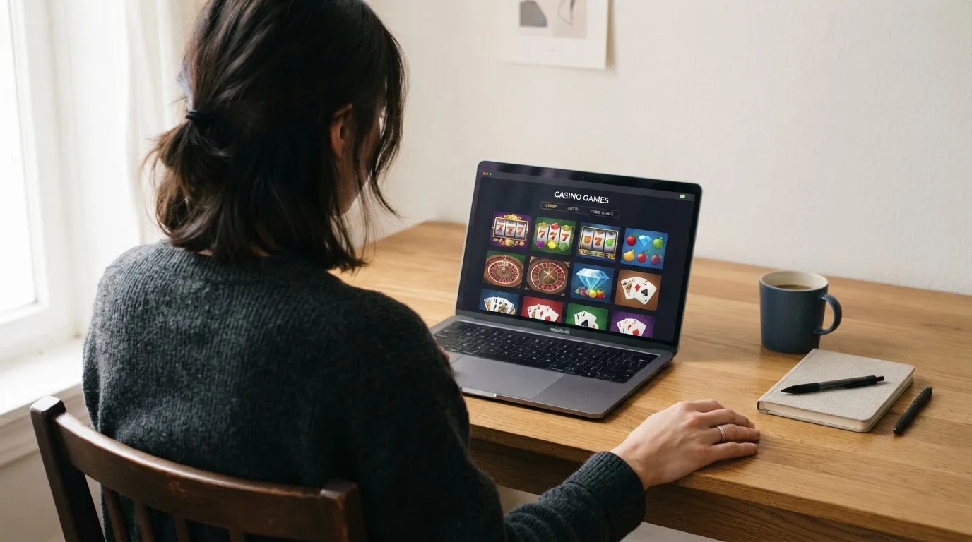 Person am Laptop liest eine Übersichtsseite zu Glücksspielen im Internet — aviator online casino