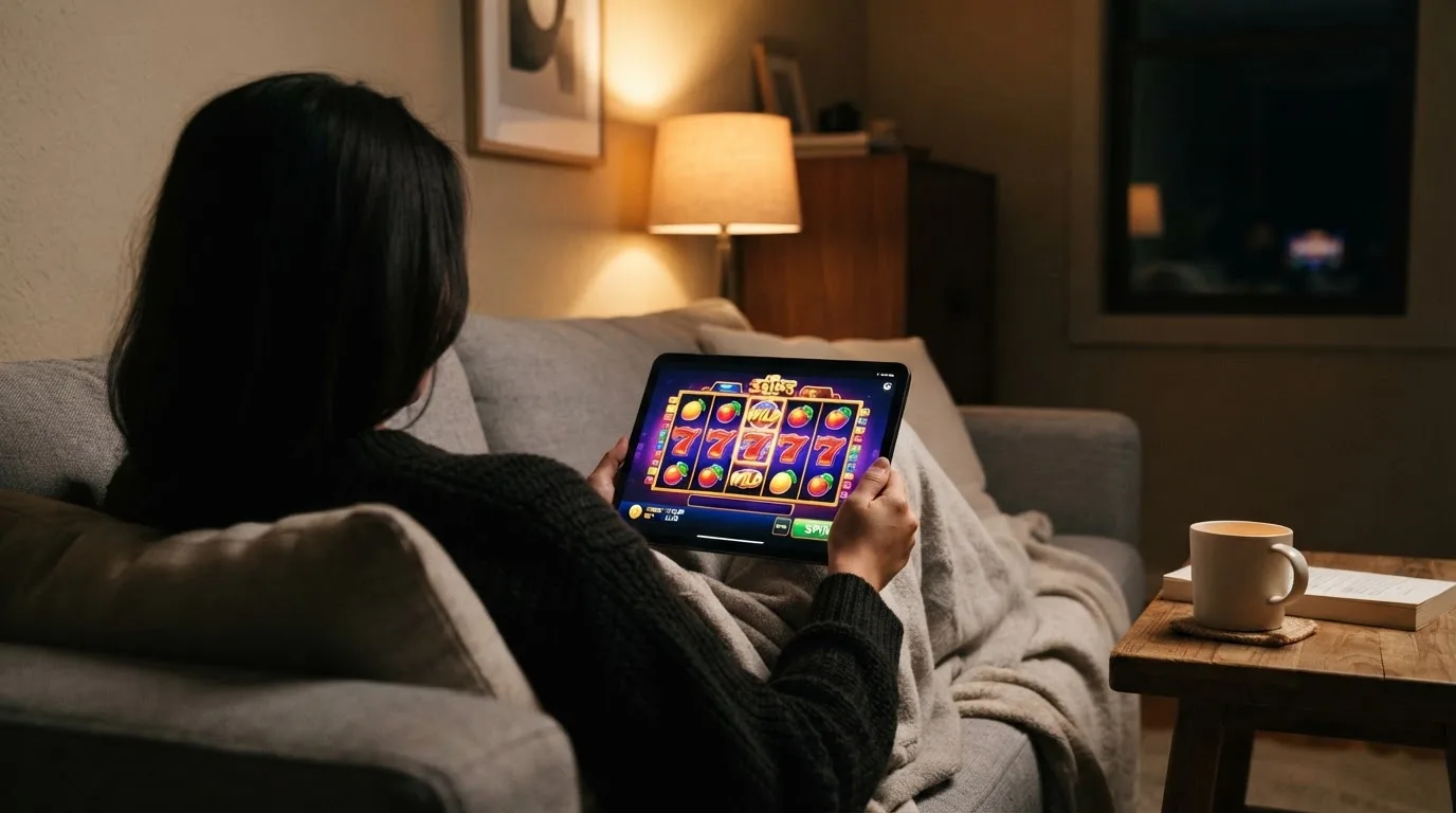 Person sitzt entspannt auf einem Sofa und blickt konzentriert auf ein Tablet in gedämpftem Wohnzimmerlicht am Abend.