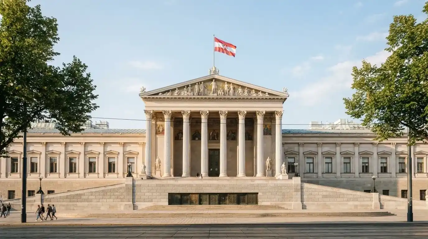 Fassade eines klassizistischen Wiener Amtsgebäudes mit österreichischer Flagge an einem klaren Nachmittag.