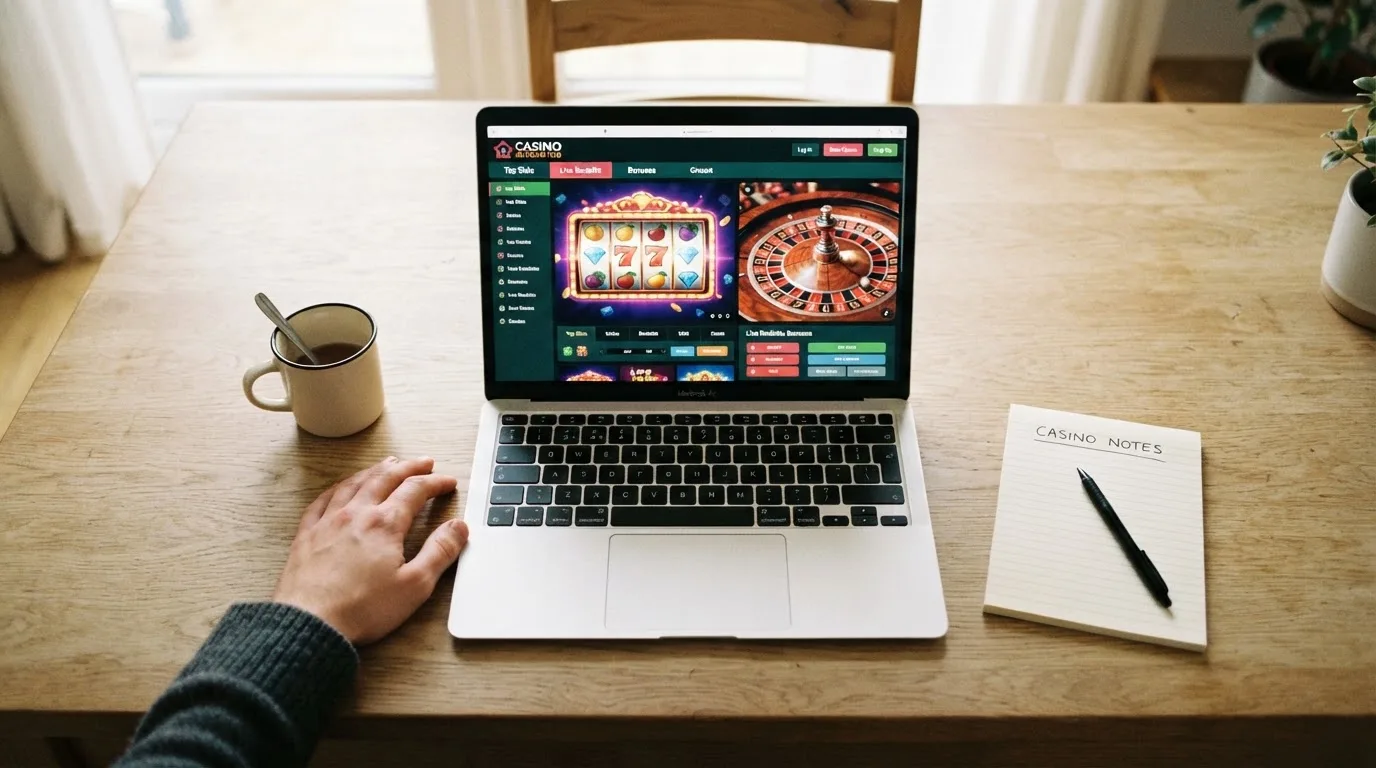 Person am Laptop liest eine Übersichtsseite zu Glücksspielen im Internet — beste casino mit schneller auszahlung