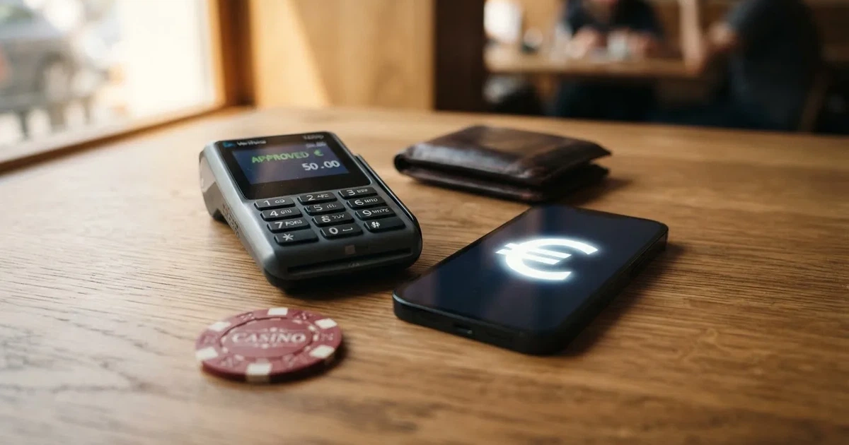 Kartenterminal und Smartphone auf einem Holztisch neben einer Geldbörse — beste casino mit schneller auszahlung