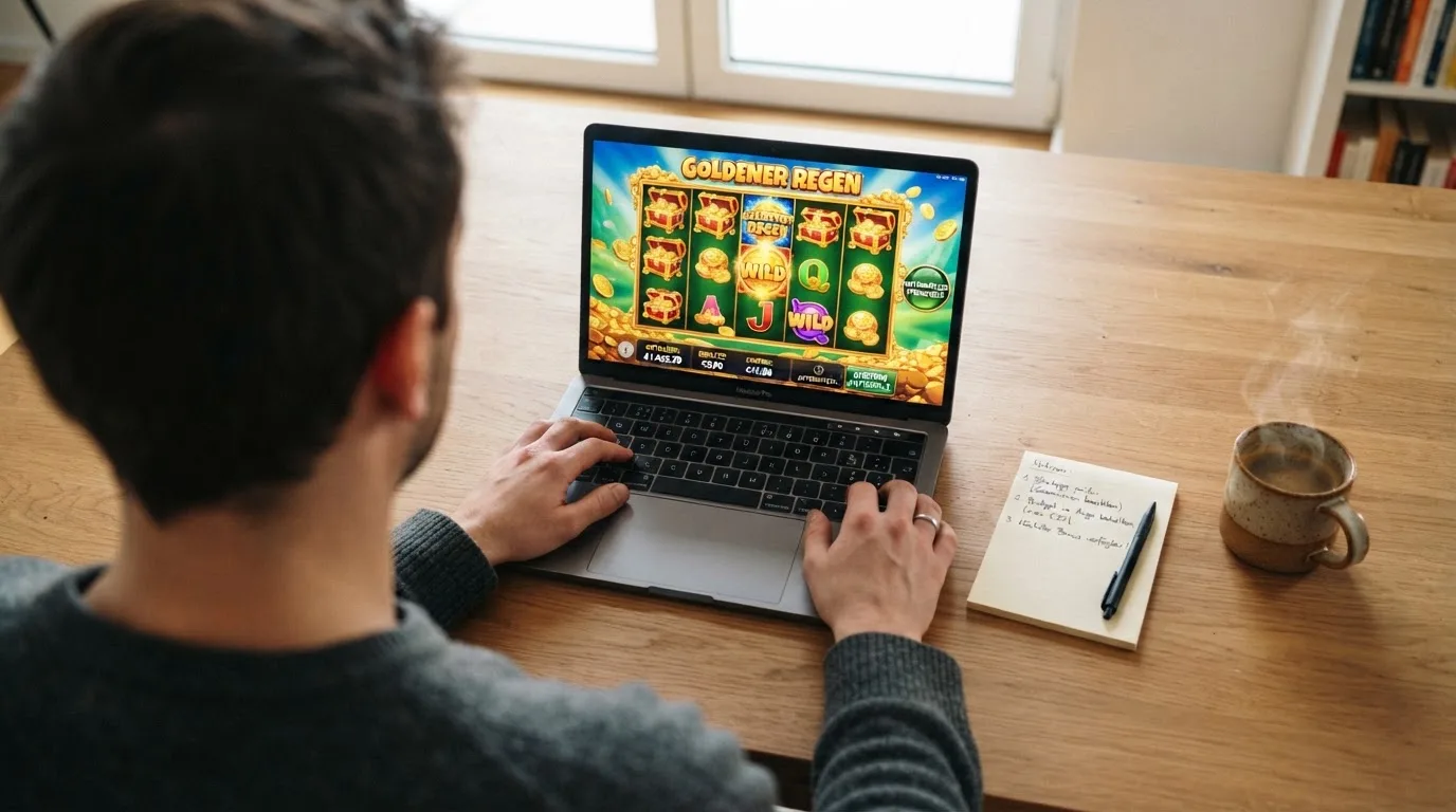 Person am Laptop liest eine Übersichtsseite zu Glücksspielen im Internet — beste casino ohne verifizierung auszahlen