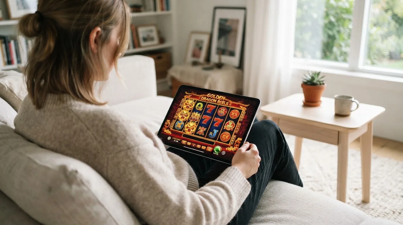 Person sitzt entspannt mit einem Tablet auf dem Schoß in einem hellen Wohnzimmer.