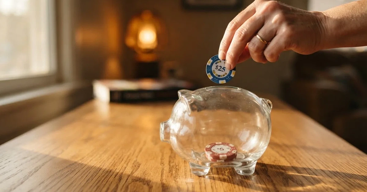 Nahaufnahme einer Hand, die Münzen in ein Sparschwein aus Glas auf einem Holztisch steckt.
