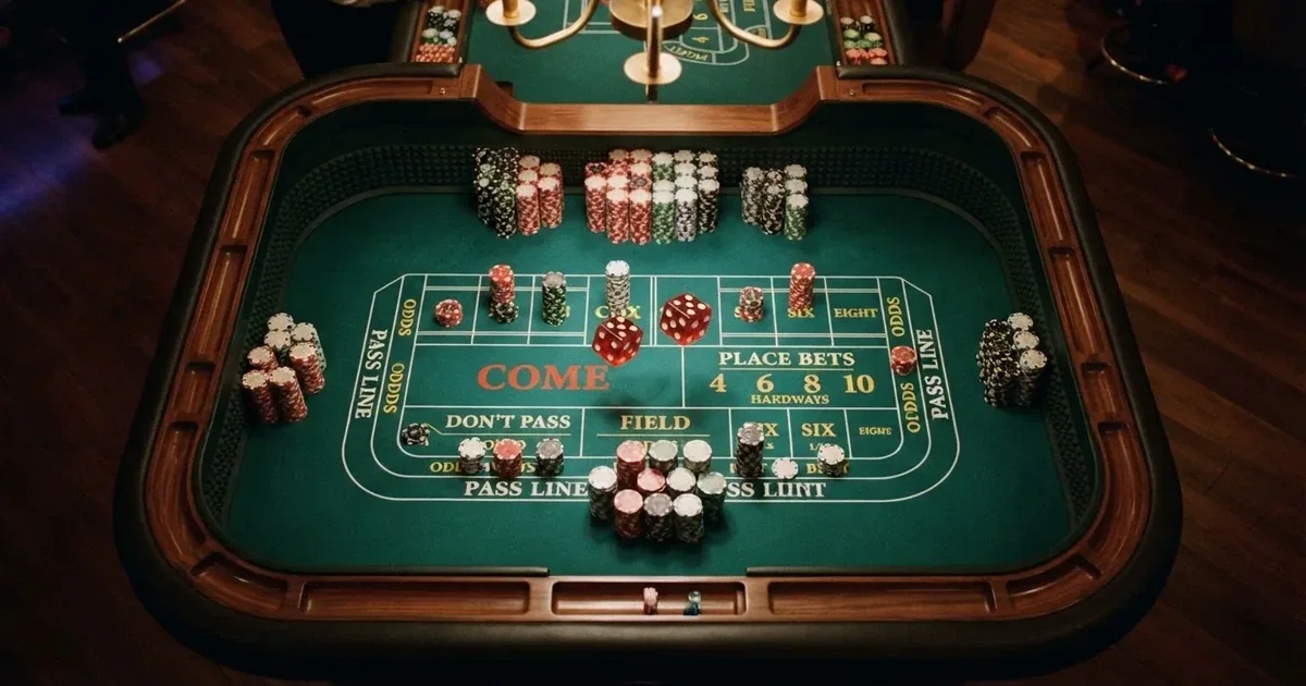 Beleuchteter Spieltisch mit Karten, von oben gesehen — beste craps online casinos österreich