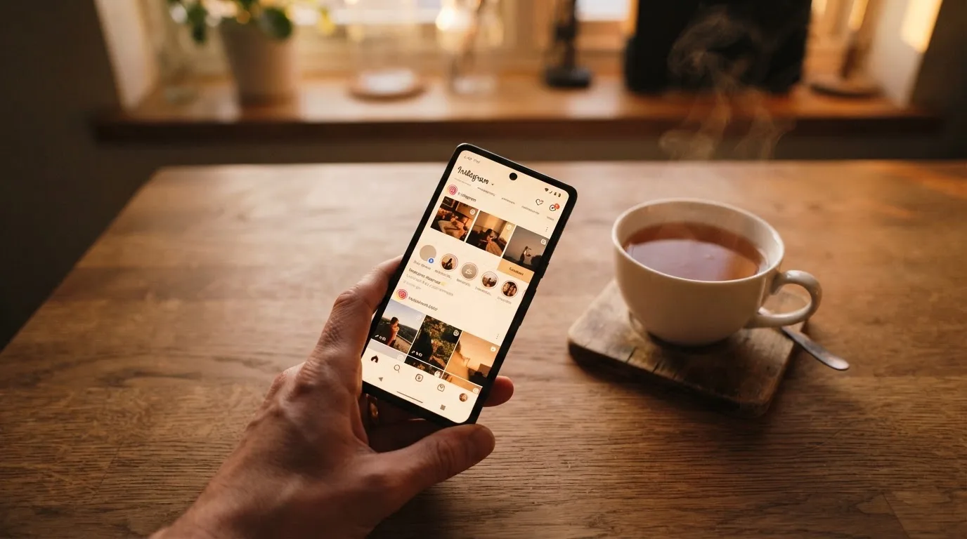 Hand hält ein Smartphone, daneben eine Tasse Tee, ruhige Abendstimmung am Küchentisch — beste online casino ausland