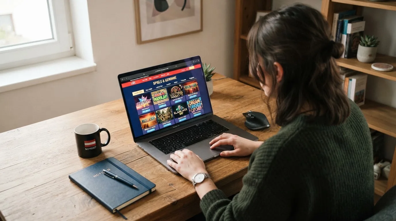 Person am Laptop liest eine Übersichtsseite zu Glücksspielen im Internet — beste online casino echtgeld app