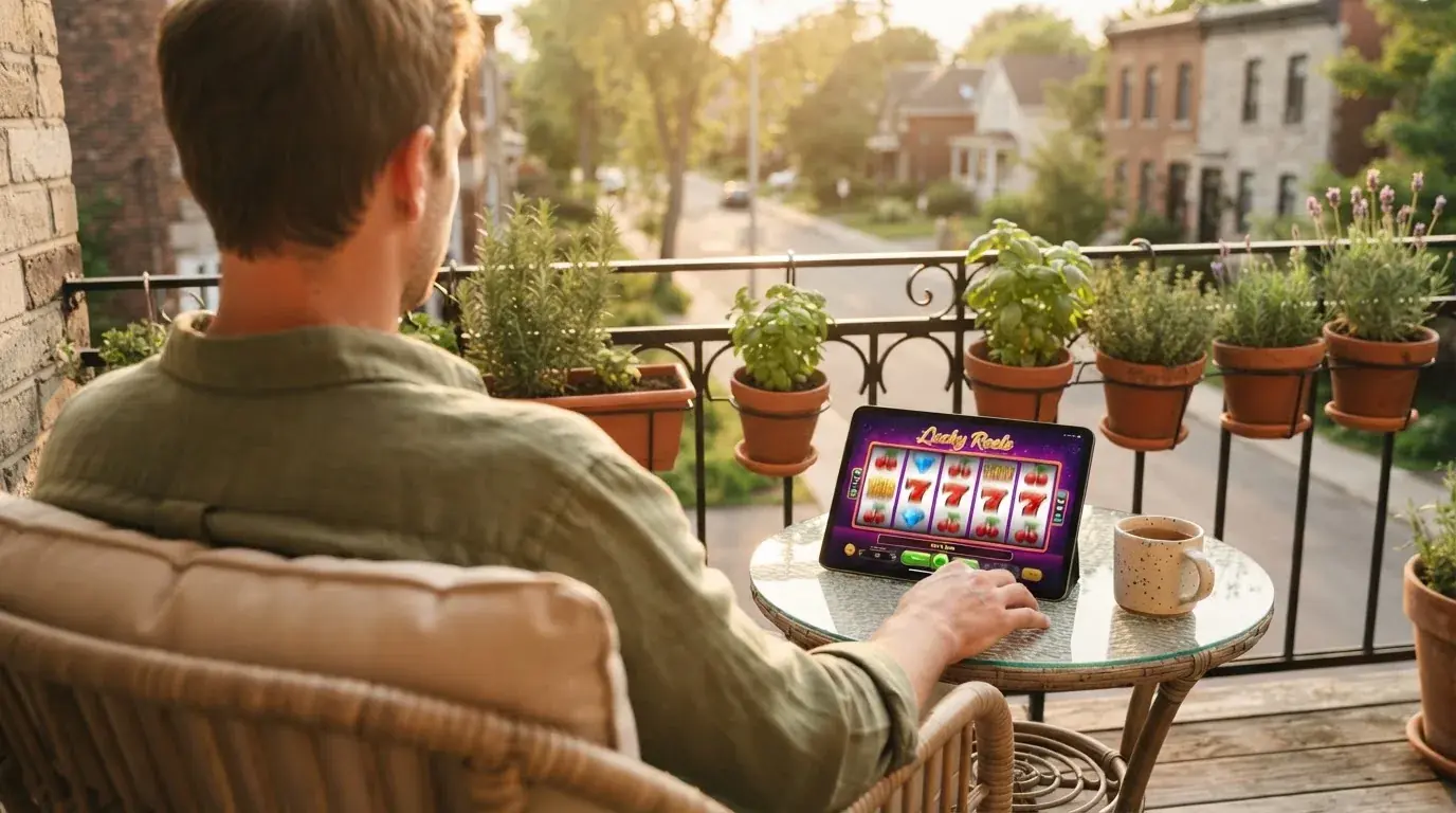 Person sitzt entspannt mit einem Tablet auf dem Balkon eines modernen Apartments.