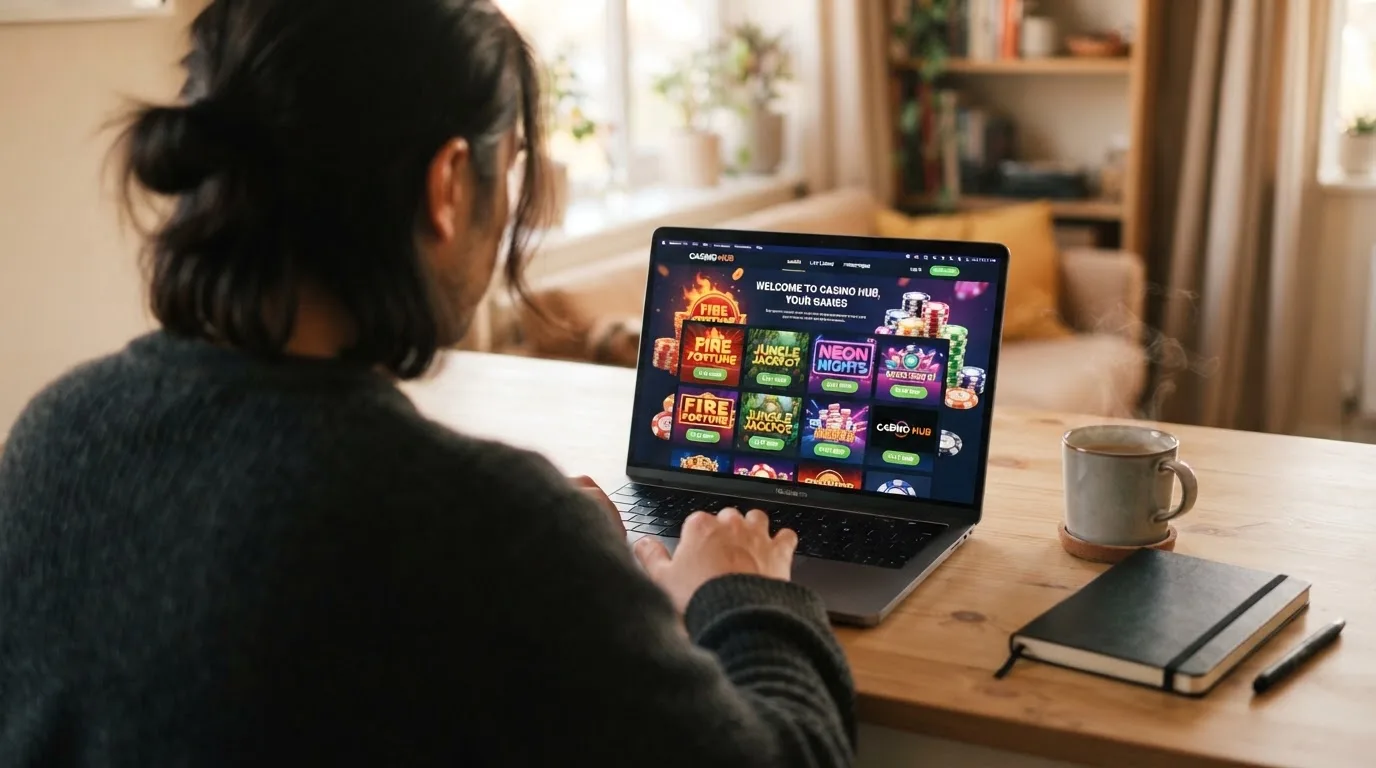 Person am Laptop liest eine Übersichtsseite zu Glücksspielen im Internet — beste online casino mit banküberweisung bezahlen