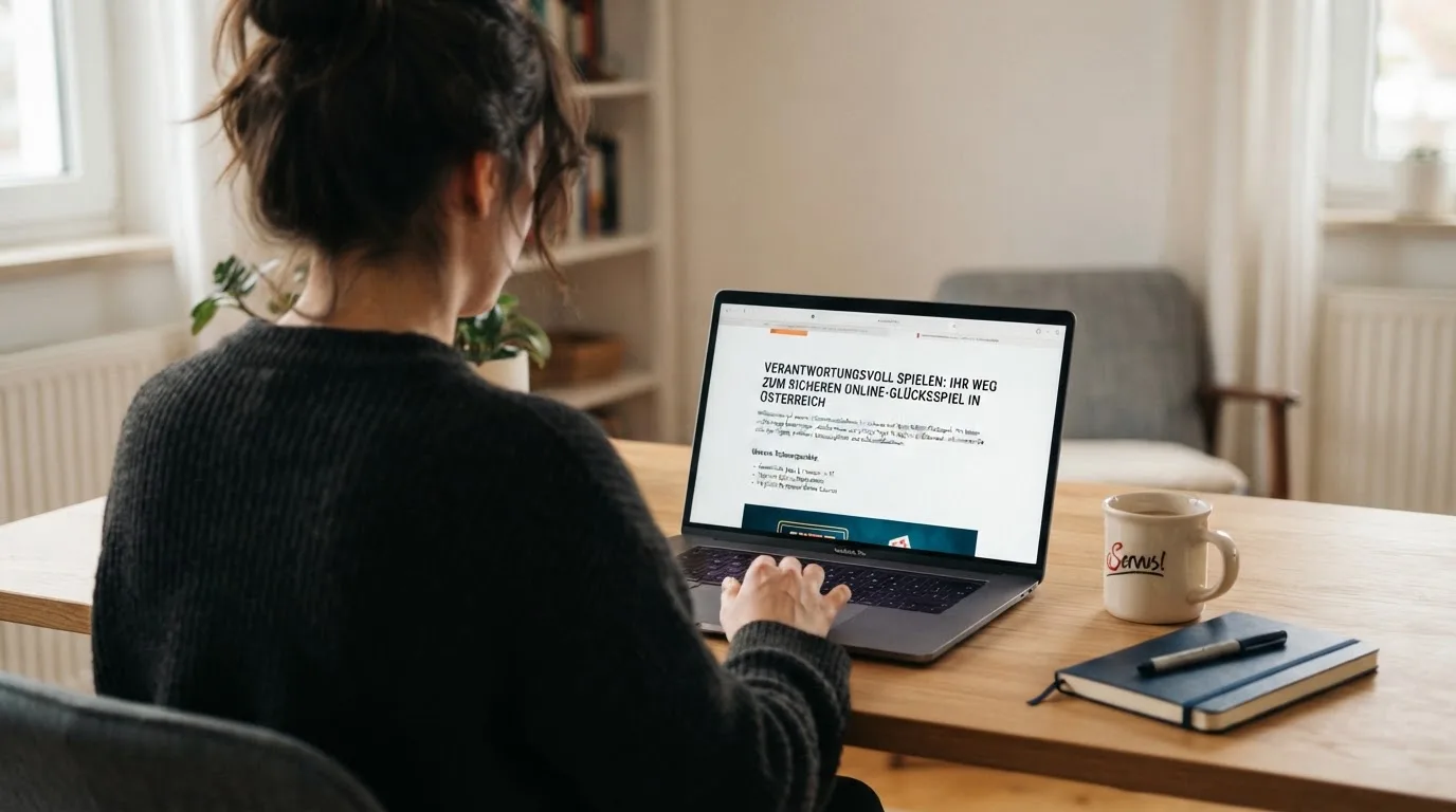 Person am Laptop liest eine Übersichtsseite zu Glücksspielen im Internet — beste online casino mit cashtocode bezahlen