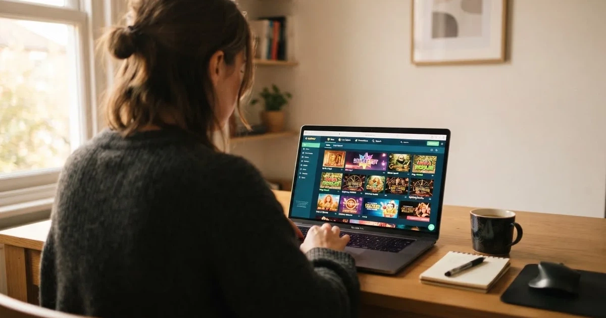 Person am Laptop liest eine Übersichtsseite zu Glücksspielen im Internet — beste online casino österreich