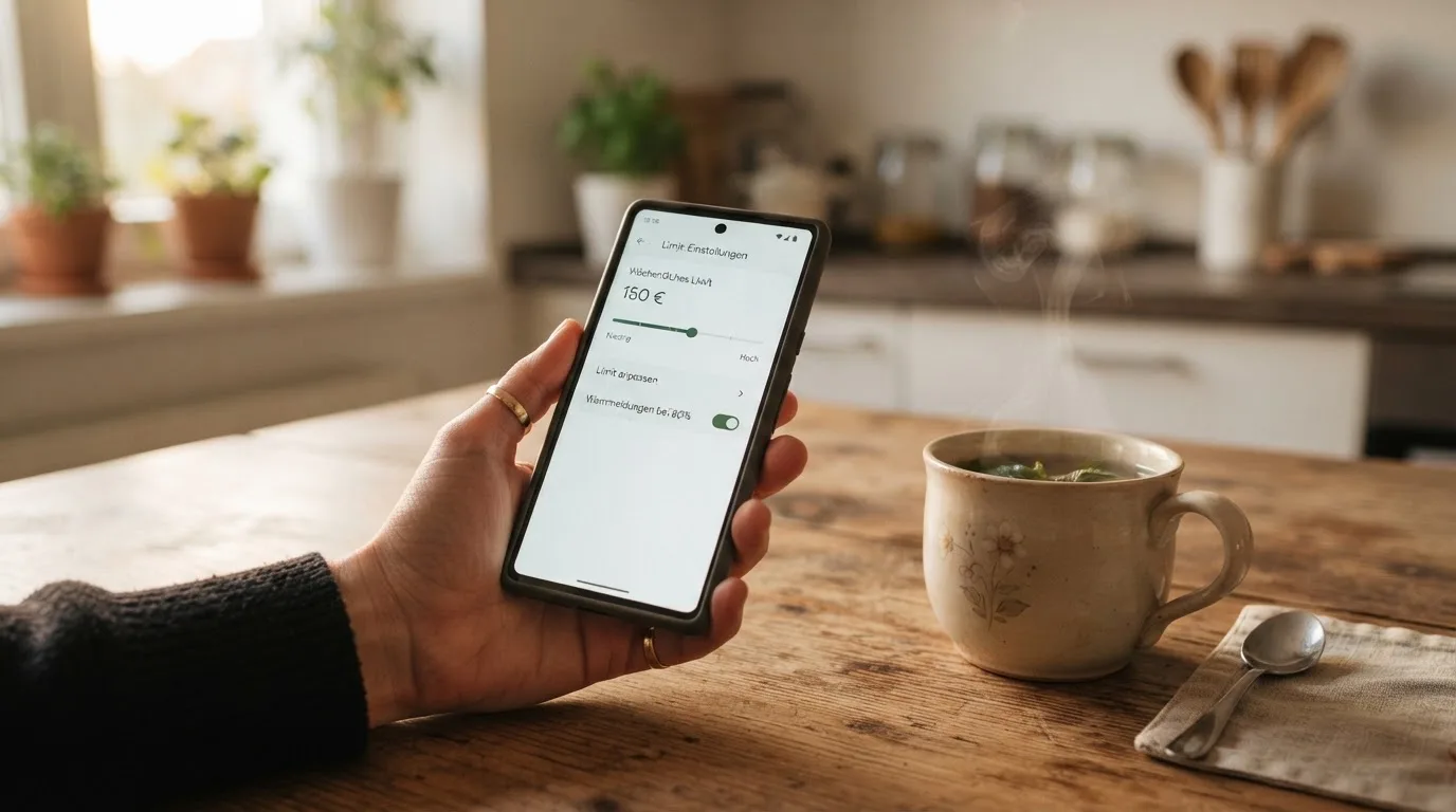 Hand hält ein Smartphone, daneben eine Tasse Tee, ruhige Abendstimmung am Küchentisch — beste online casinos echtgeld