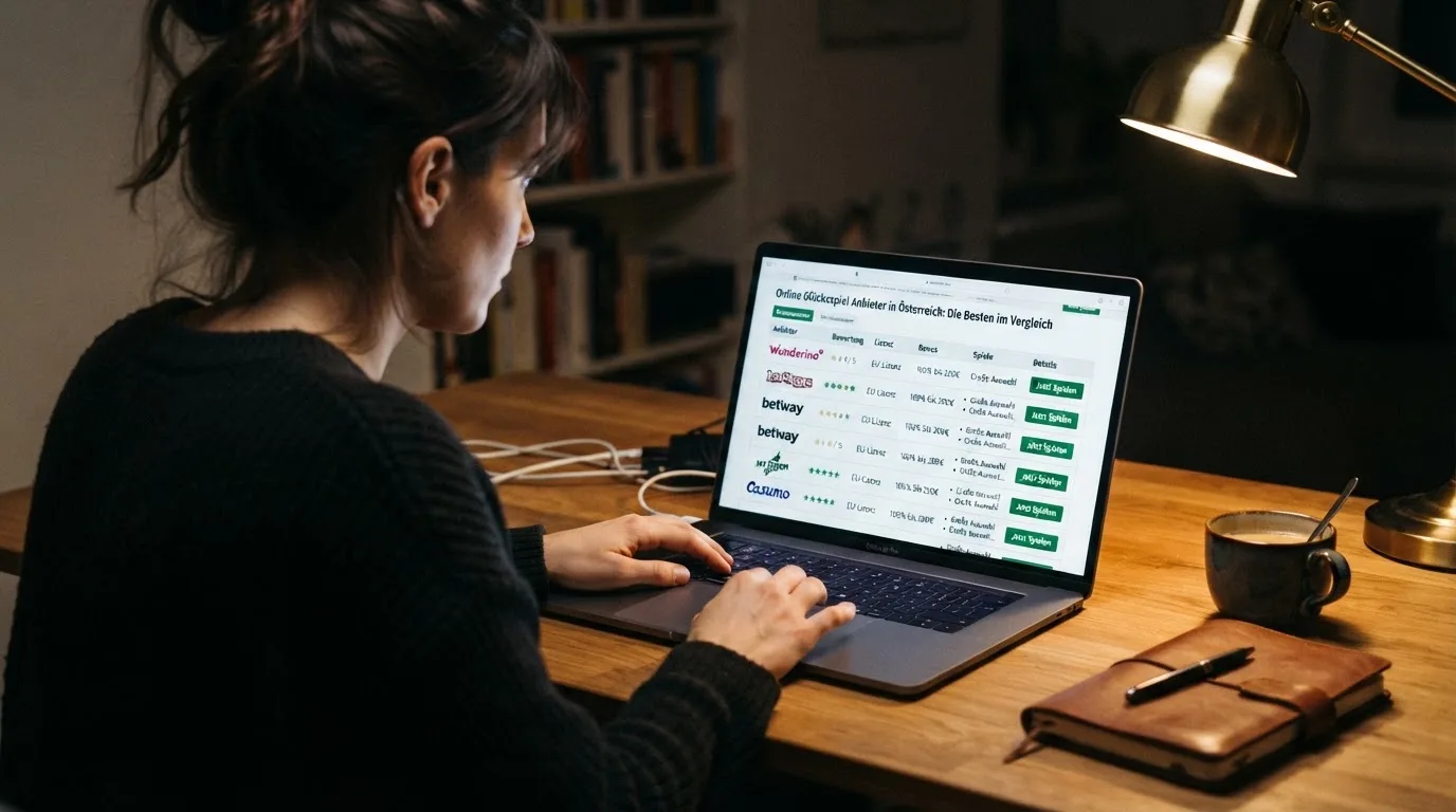 Person am Laptop liest eine Übersichtsseite zu Glücksspielen im Internet — beste online casinos mit österreichischer lizenz