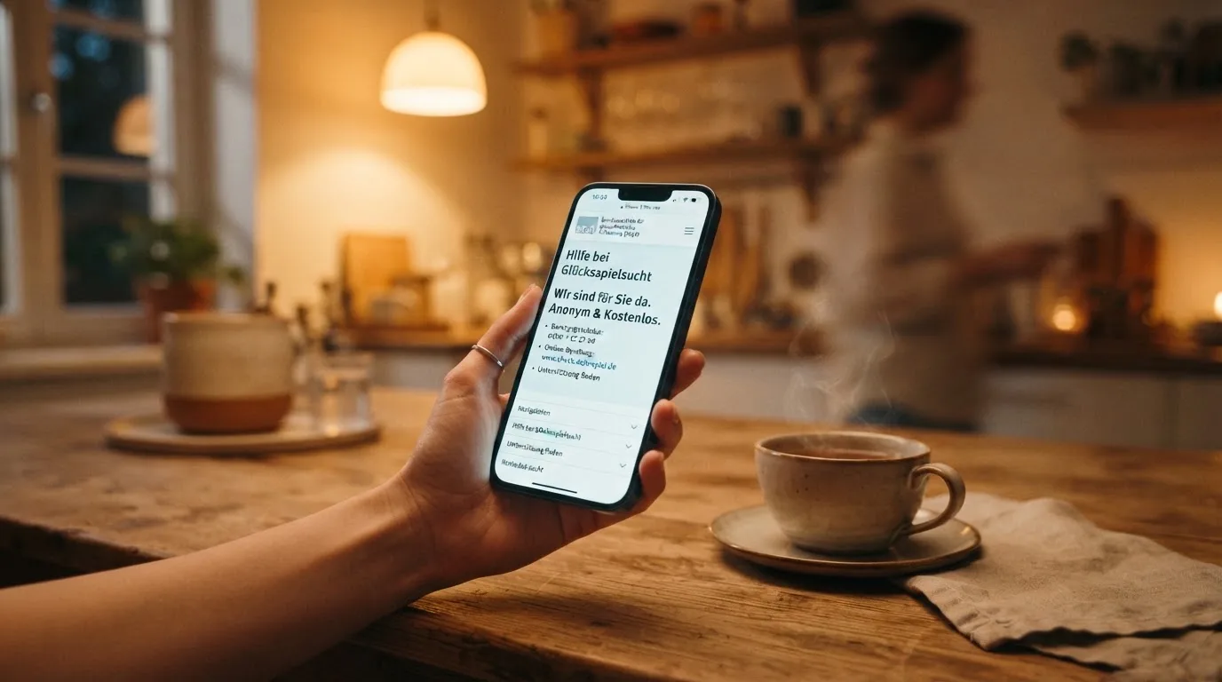 Hand hält ein Smartphone, daneben eine Tasse Tee, ruhige Abendstimmung am Küchentisch — beste online casinos mit österreichischer lizenz