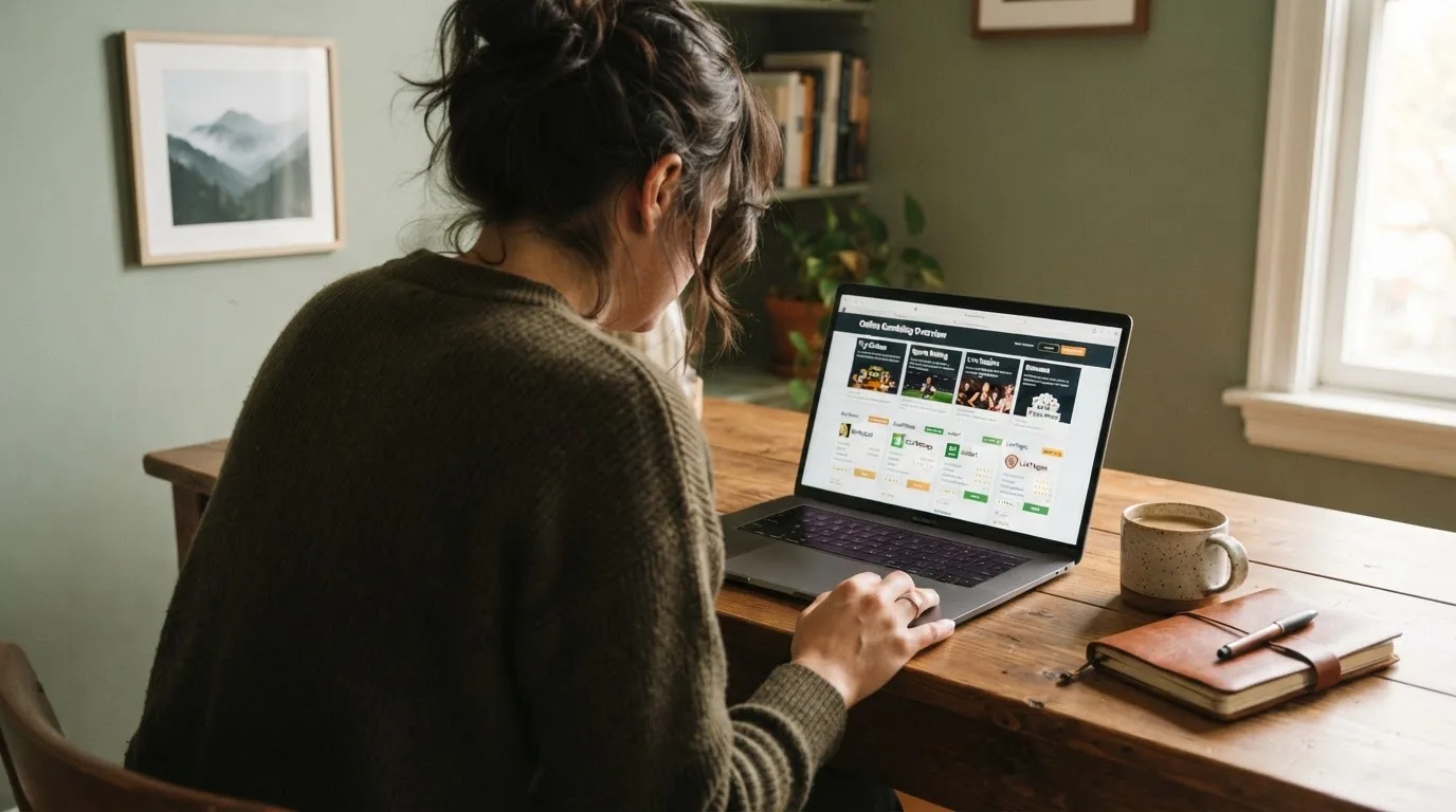 Person am Laptop liest eine Übersichtsseite zu Glücksspielen im Internet — beste online casinos österreich mit no deposit bonus