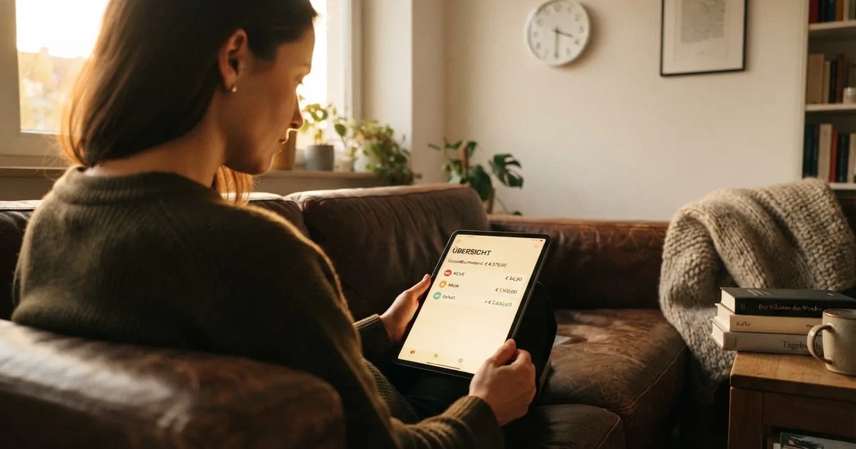 Person am Sofa schaut nachdenklich auf ein Tablet, im Hintergrund eine Uhr — beste online casinos österreich mit no deposit bonus