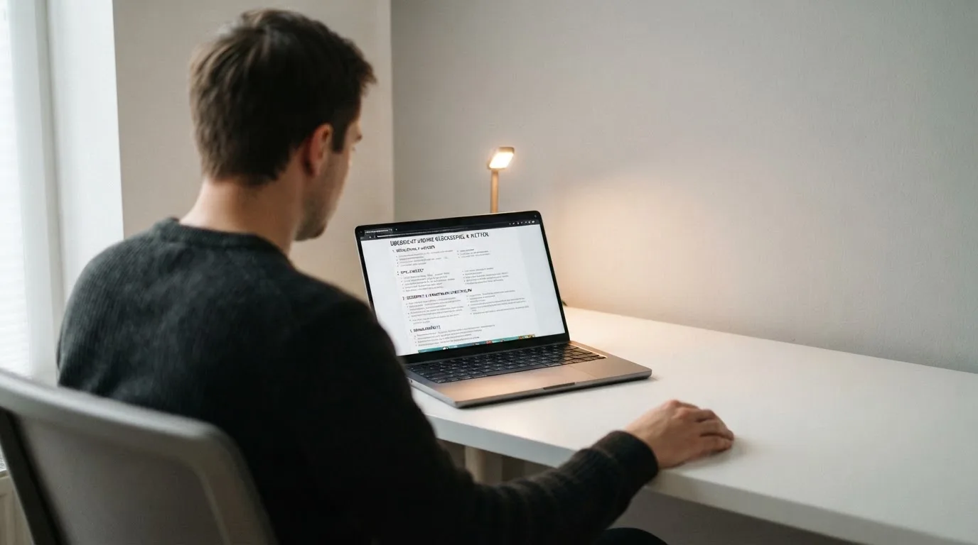 Person am Laptop liest eine Übersichtsseite zu Glücksspielen im Internet — beste online casinos ohne limit