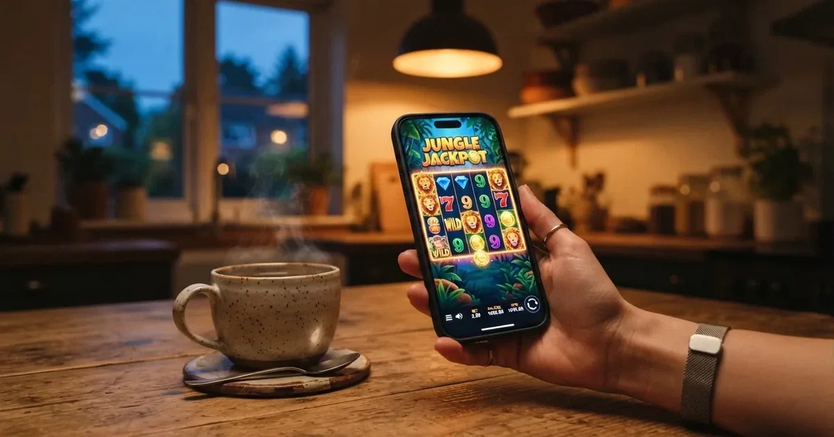 Hand hält ein Smartphone, daneben eine Tasse Tee, ruhige Abendstimmung am Küchentisch — beste online casinos ohne limit