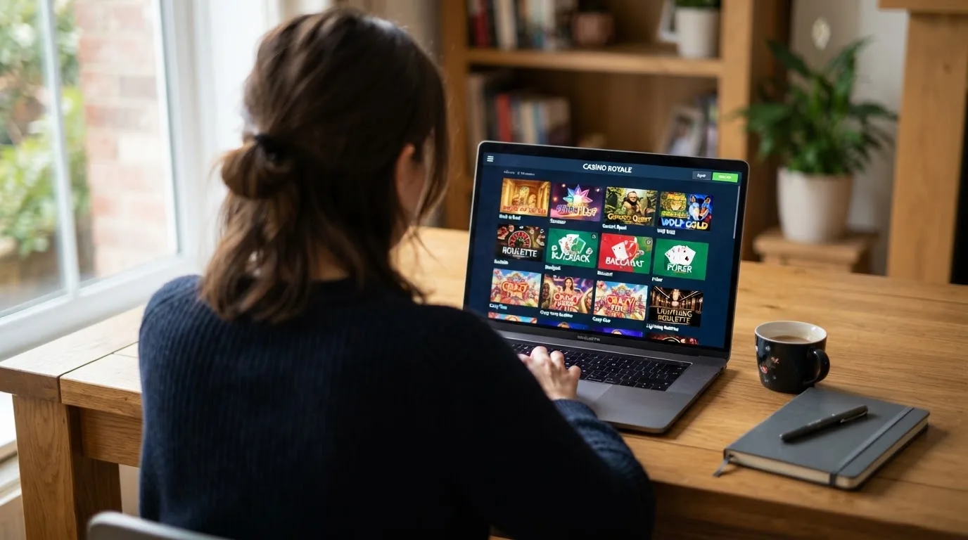 Person am Laptop liest eine Übersichtsseite zu Glücksspielen im Internet — beste online spielothek casinos
