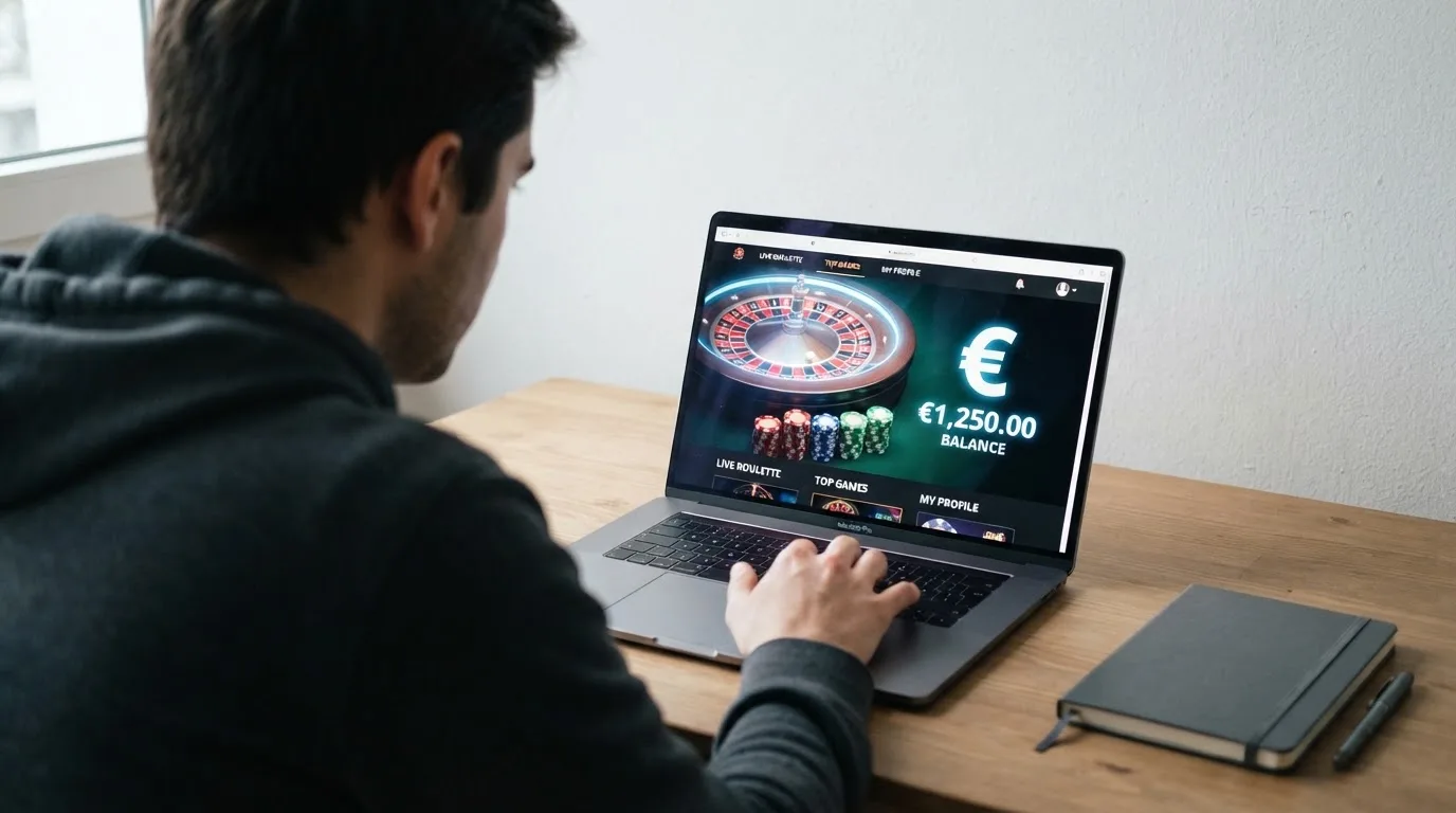Person am Laptop liest eine Übersichtsseite zu Glücksspielen im Internet — bester willkommensbonus online casino