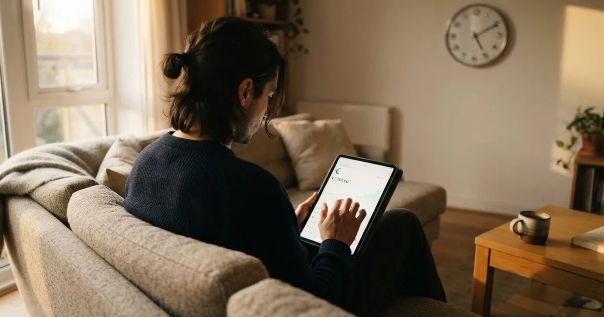 Person am Sofa schaut nachdenklich auf ein Tablet, im Hintergrund eine Uhr — bester willkommensbonus online casino