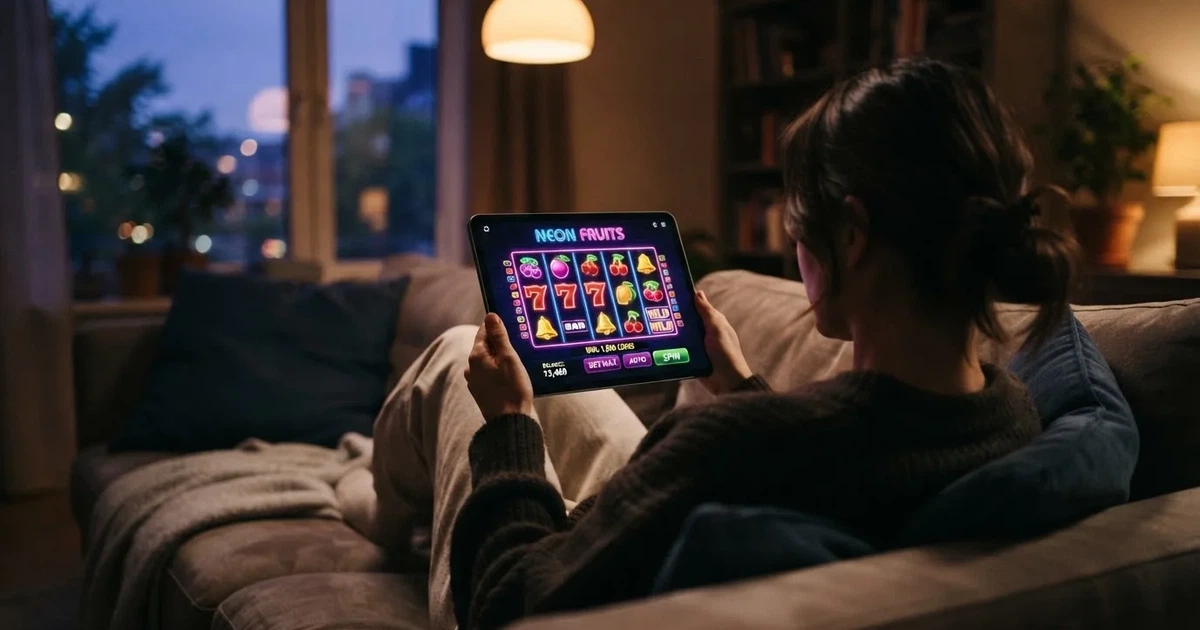 Person sitzt entspannt auf einem Sofa und blickt konzentriert auf ein Tablet in gedämpftem Wohnzimmerlicht am Abend.