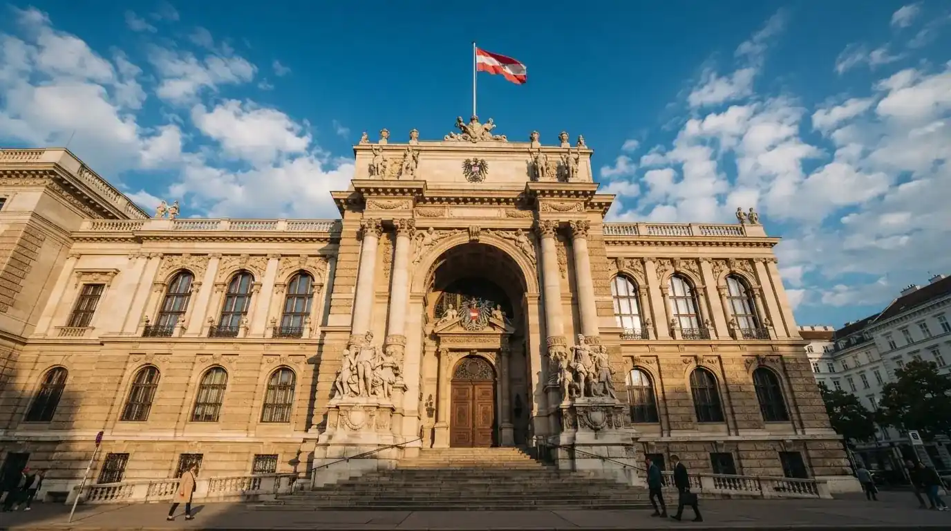 Fassade eines klassizistischen Wiener Amtsgebäudes mit österreichischer Flagge an einem klaren Nachmittag.