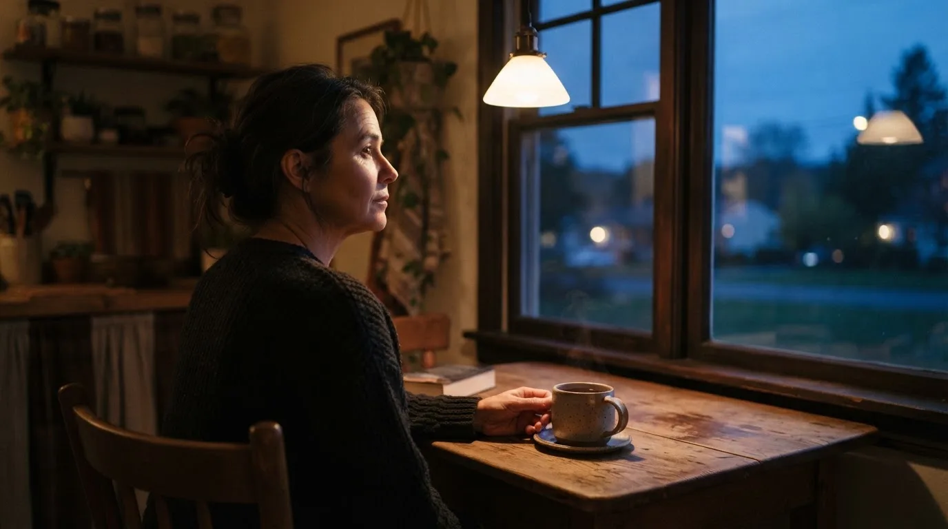 Person sitzt allein an einem Küchentisch mit einer Tasse Tee und blickt nachdenklich aus dem Fenster am Abend.