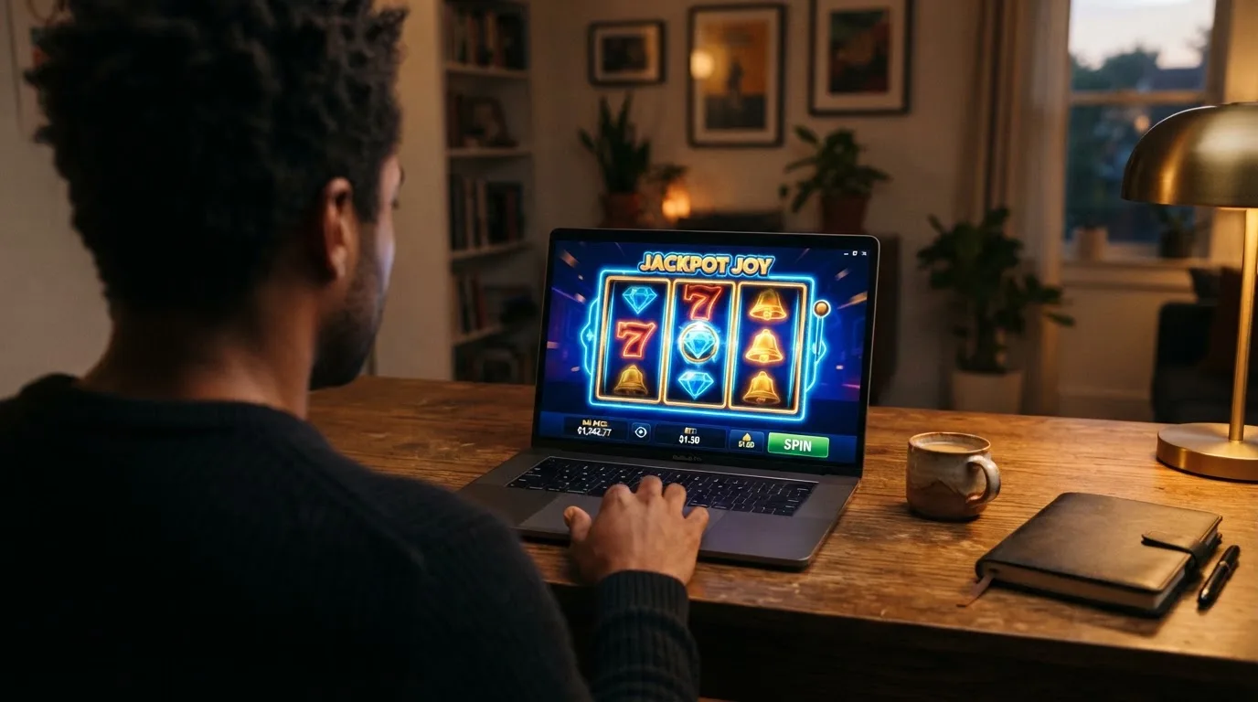 Person am Laptop liest eine Übersichtsseite zu Glücksspielen im Internet — bitcoin cash casino vergleich