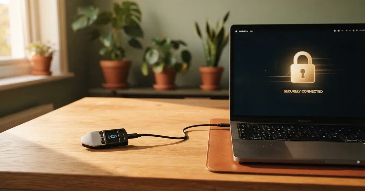 Hardware-Wallet und Laptop auf einem Schreibtisch mit stilisiertem digitalem Schloss — bitcoin cash casino vergleich