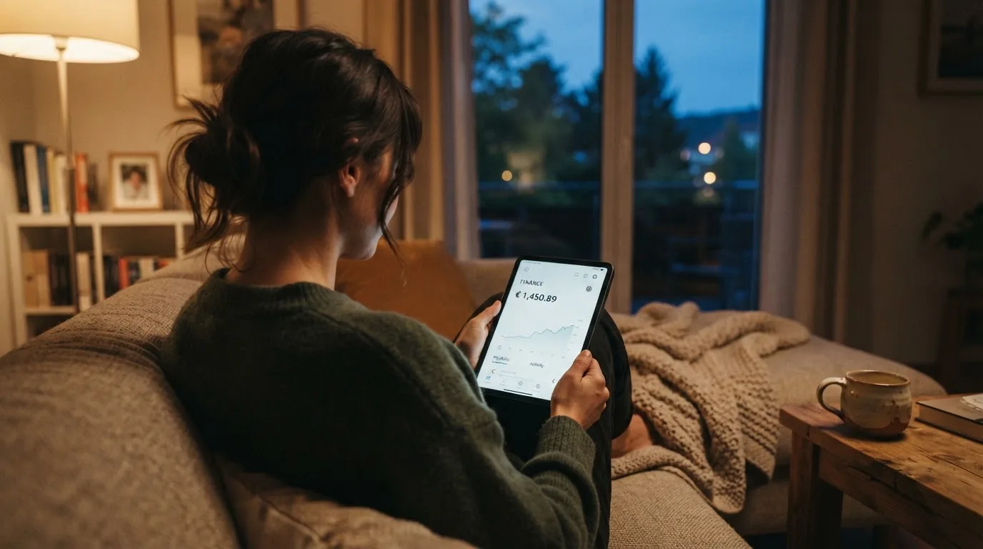 Person sitzt entspannt auf einem Sofa und blickt konzentriert auf ein Tablet in gedämpftem Wohnzimmerlicht am Abend.