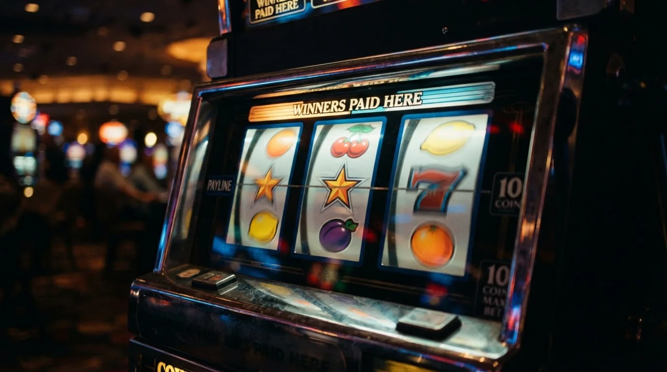 Nahaufnahme bunt beleuchteter Spielautomaten-Walzen mit Frucht- und Stern-Symbolen in einem dunklen Casino-Saal.