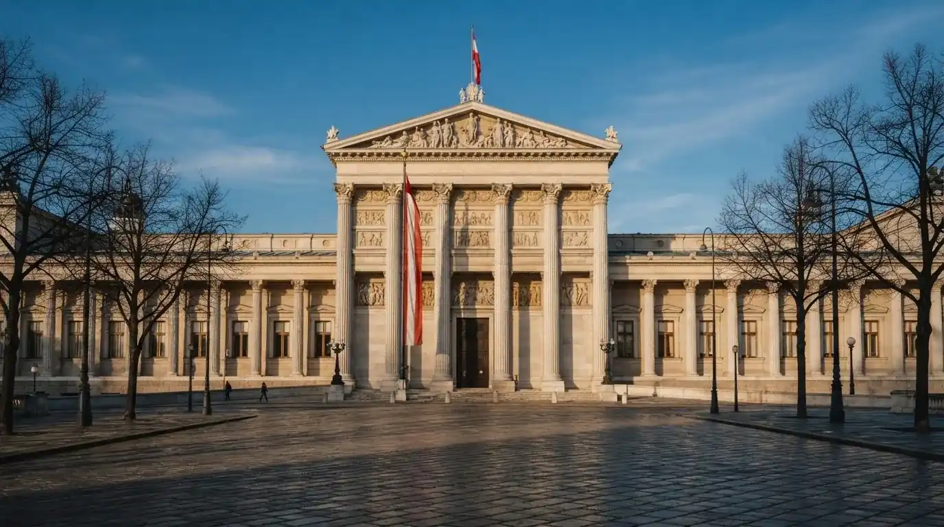 Fassade eines klassizistischen Wiener Amtsgebäudes mit österreichischer Flagge an einem klaren Nachmittag.