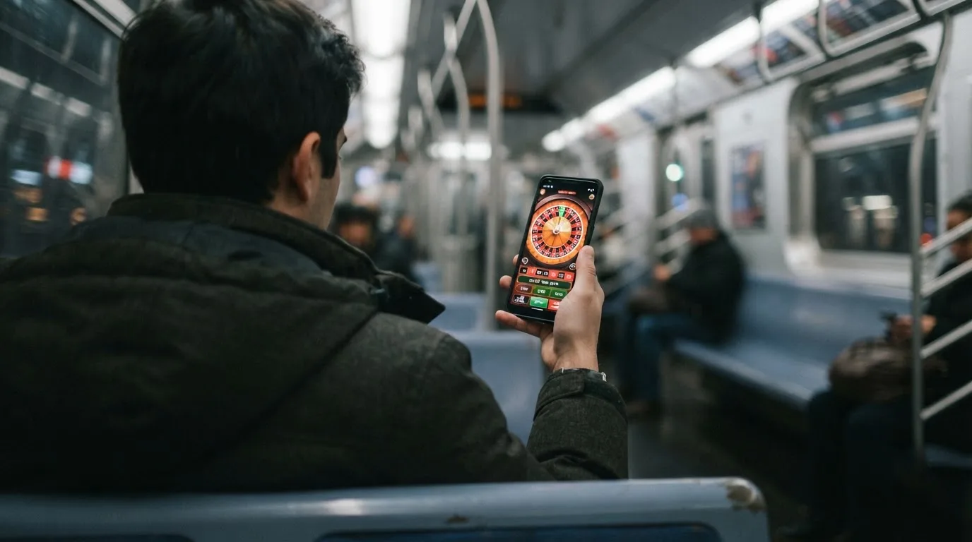 Person hält ein Smartphone in beiden Händen und tippt, sitzend in einer U-Bahn mit unscharfem Hintergrund.