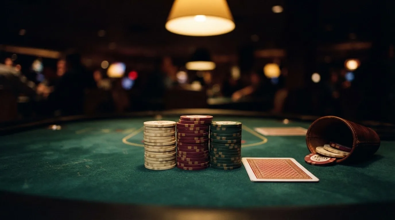 Nahaufnahme gestapelter Spielchips auf einem grünen Filztisch in warmem Kunstlicht, ohne erkennbare Symbole.