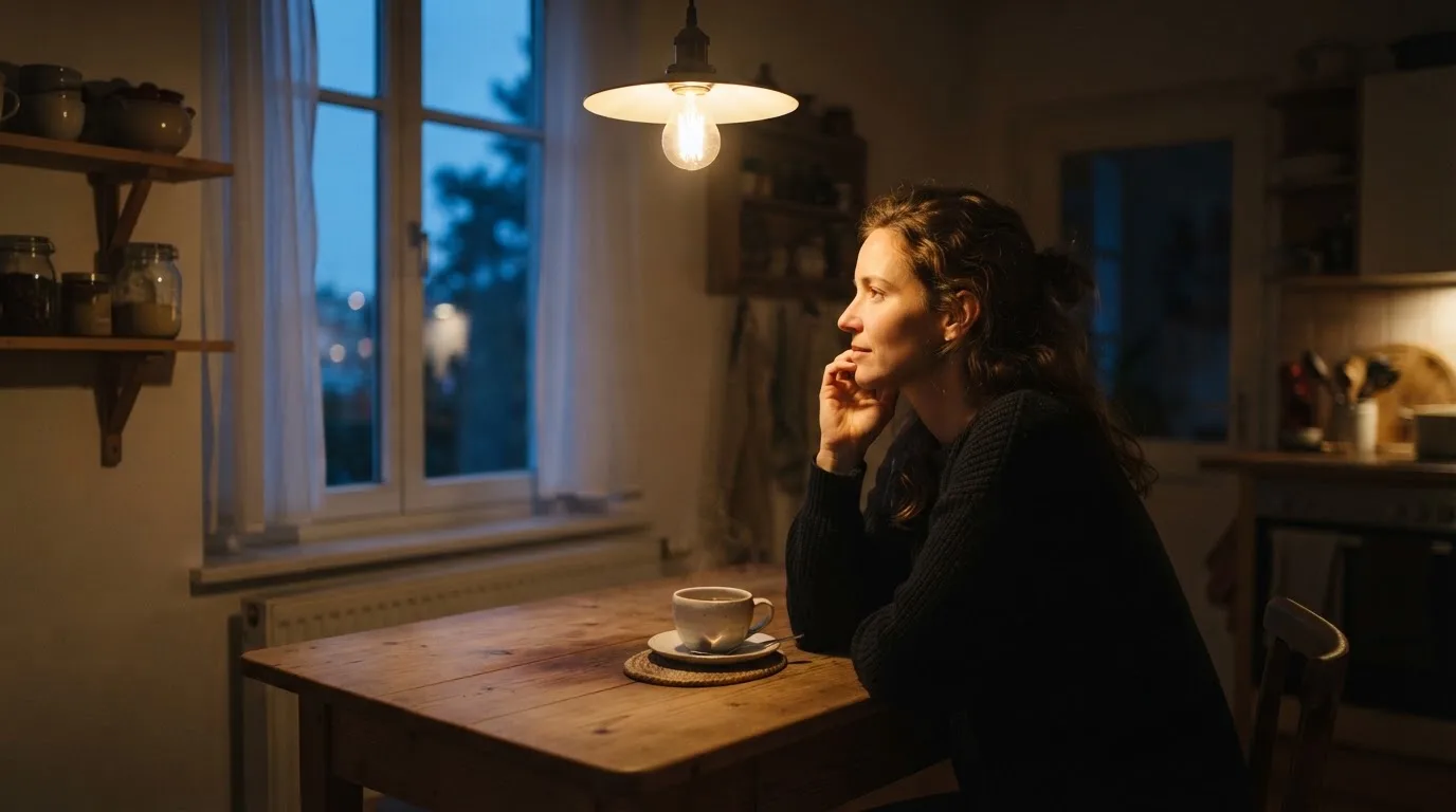 Person sitzt allein an einem Küchentisch mit einer Tasse Tee und blickt nachdenklich aus dem Fenster am Abend.