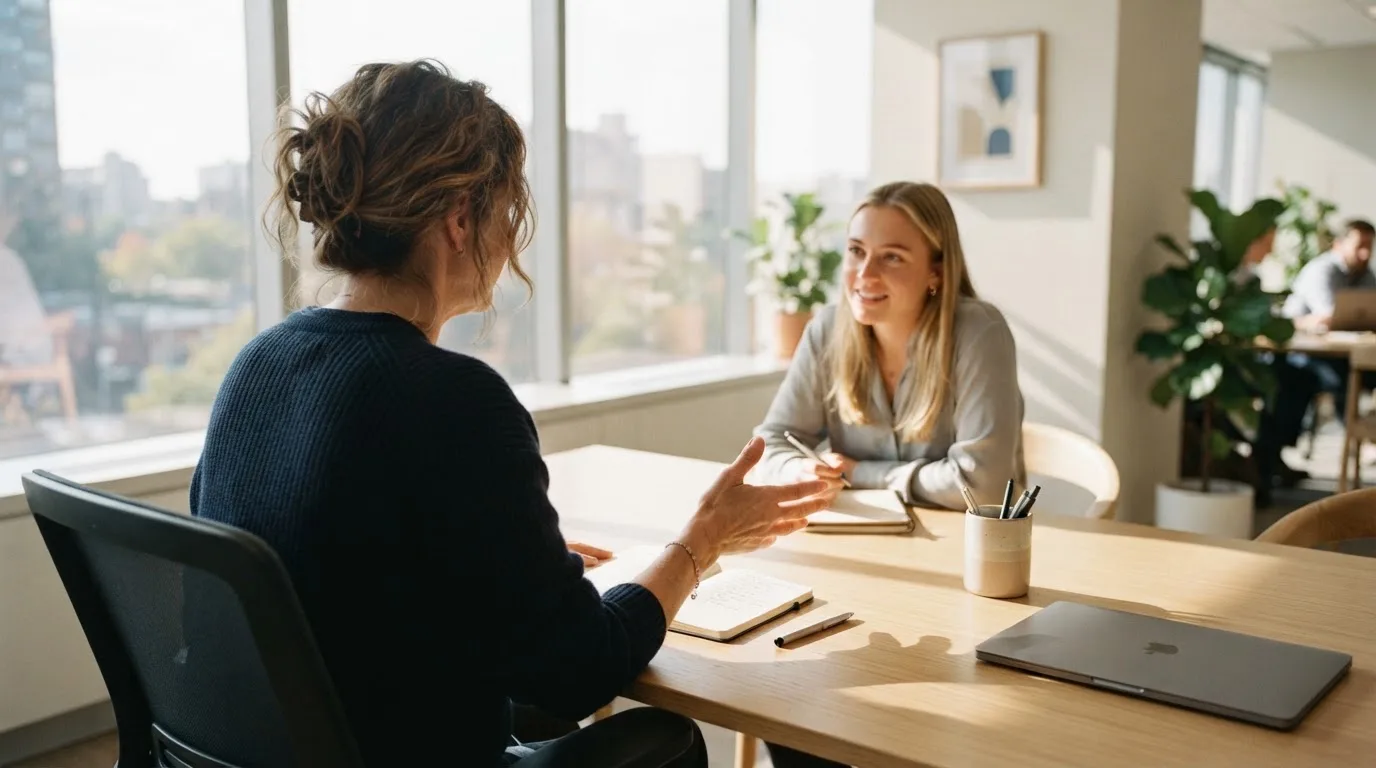 Person erklärt einer anderen Person etwas gestikulierend an einem Tisch in einem hellen Büro am Vormittag.
