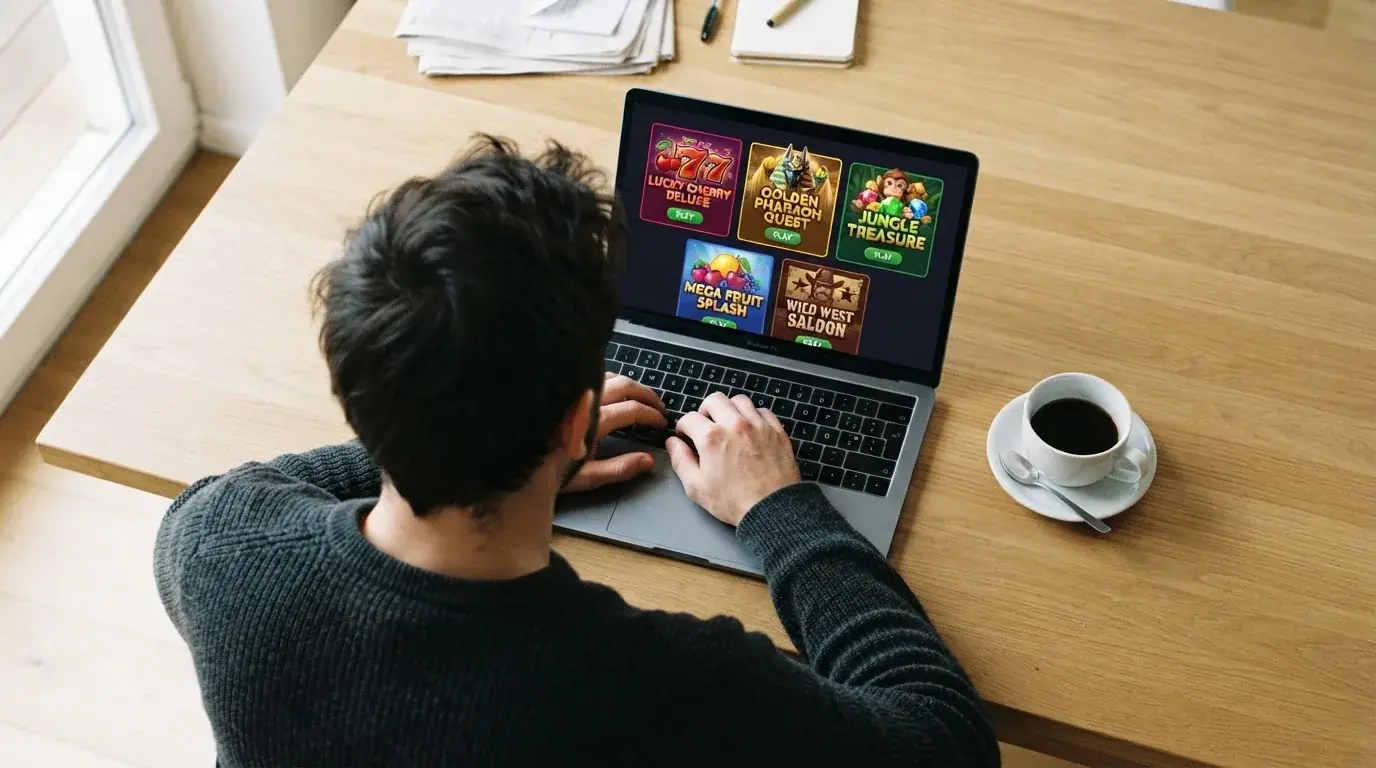 Person am Laptop liest eine Übersichtsseite zu Glücksspielen im Internet — casino bonus ohne einzahlung