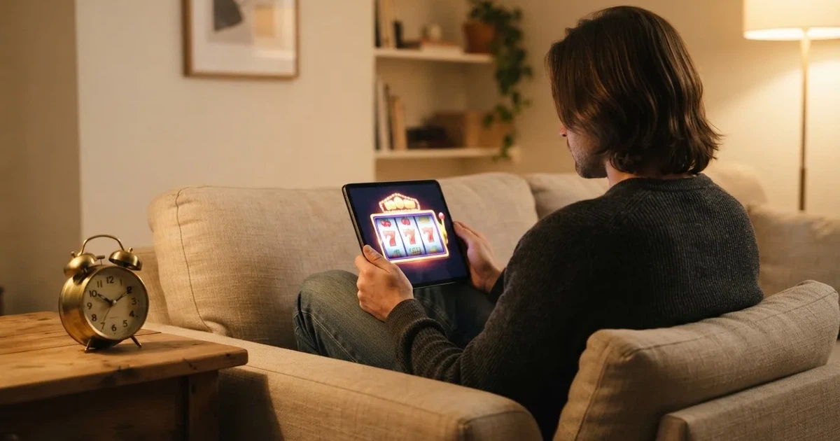 Person am Sofa schaut nachdenklich auf ein Tablet, im Hintergrund eine Uhr — casino bonus ohne einzahlung